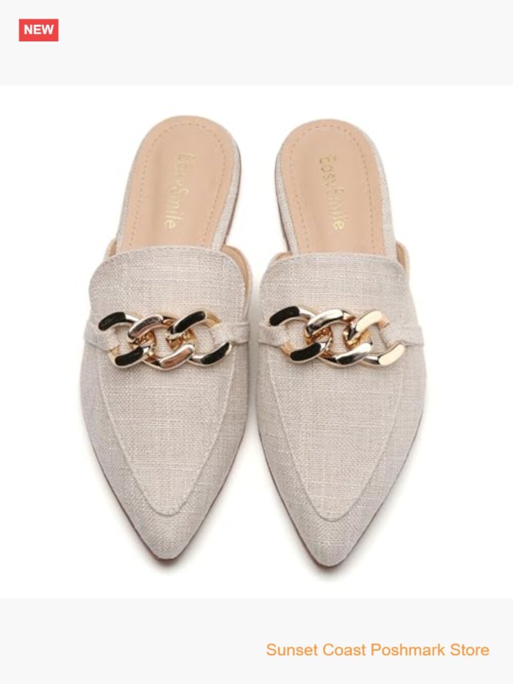 Metal Chain Decor Flat Mules Pointed Toe Slip on Loafers Slides Backless Shoes - Picture 2 of 7